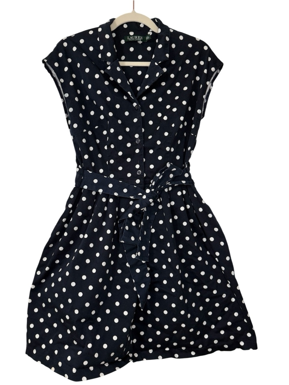 Lauren Ralph Lauren Navy and White Polka Dot Tie-Waist Fit & Flare Dress